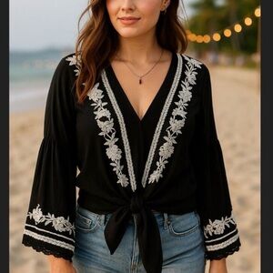 Lovestitch Black Embroidered Boho Tie-Front Top | L